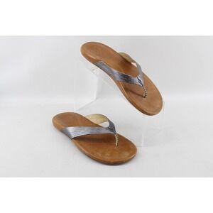 Olukai Wana Leather Flip Flops Size 7 US Women's Pewter Brown Sandals 20242-73FM